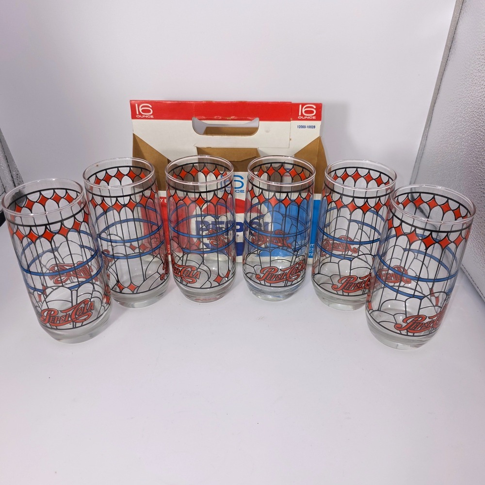 Pepsi Drinking Glasses Set 6 16oz Red Blue Excellent Vintage Stained Glass Logo